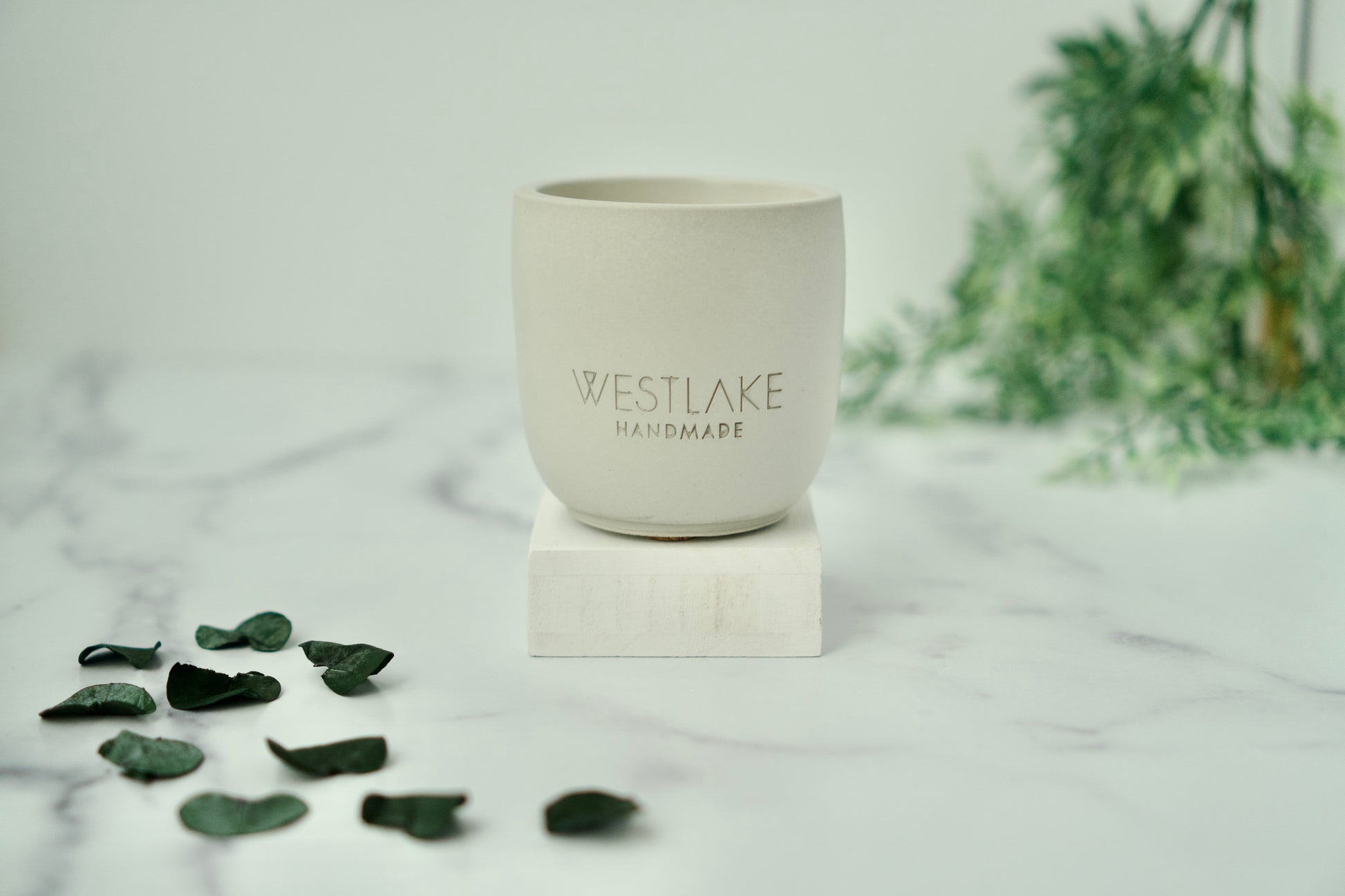 Westlake Handmade concrete candle on a marble surface with green leaves.