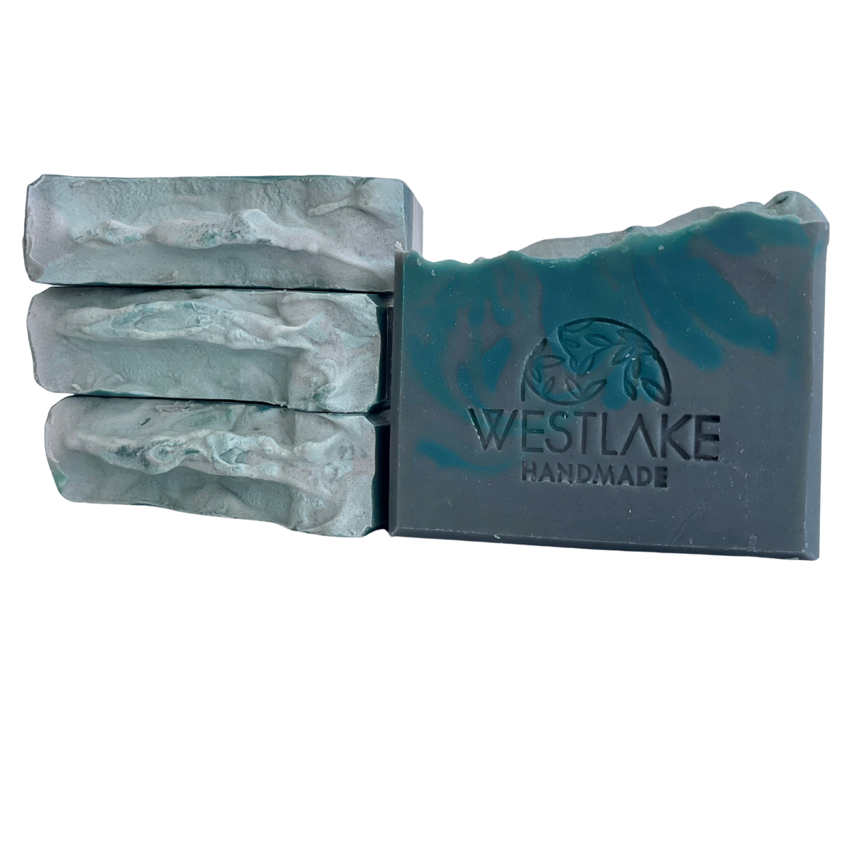 Marble-textured soap bars with 'Westlake Handmade' branding on a white background