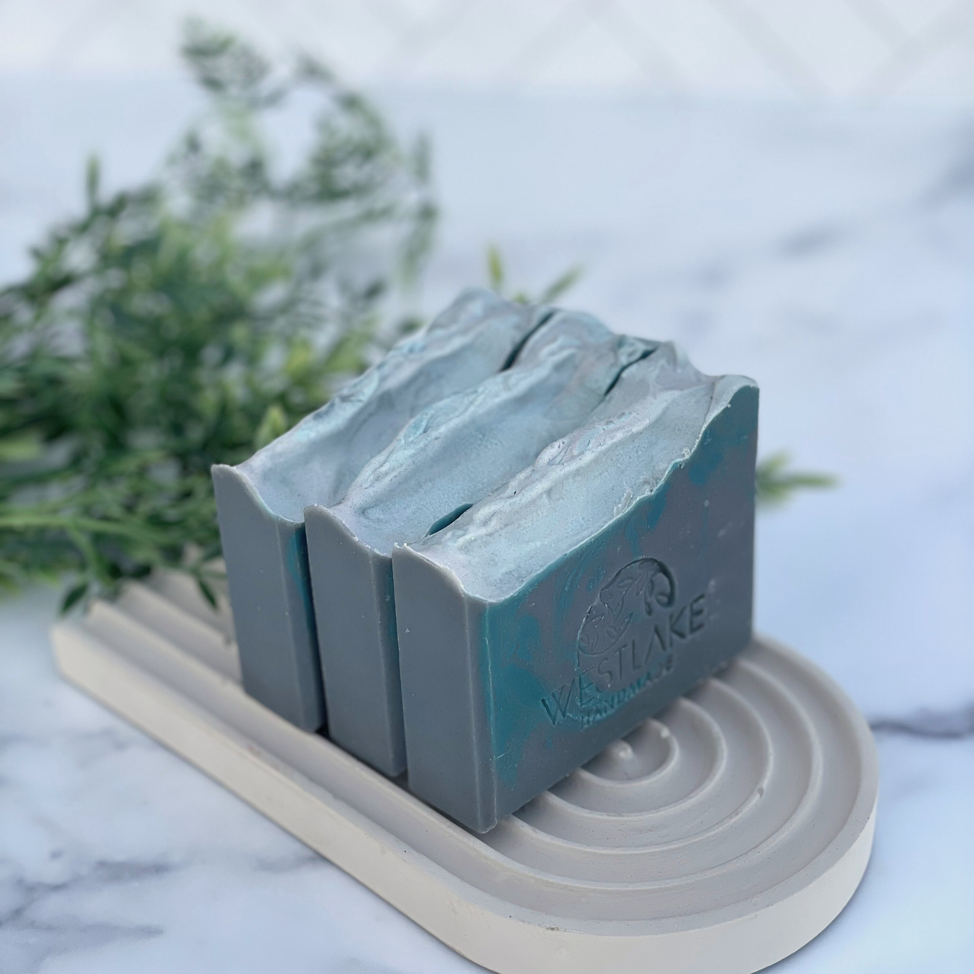  3 bars of Westlake Handmade soap on a soap dish with a blurred plant in the background