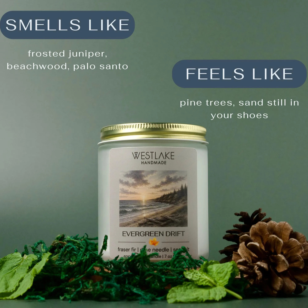 Westlake Handmade 'Evergreen Drift' scented coconut wax candle in a frosted white glass jar with a gold metal lid, surrounded by green pine needles, a pinecone, and fresh green leaves on a muted green background, with text overlays "smells like" frosted juniper, beachwood, palo santo and "smells like" pine trees, sand still in your shoes.
